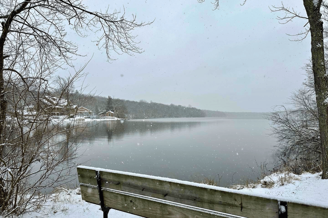 lake view with snow falling